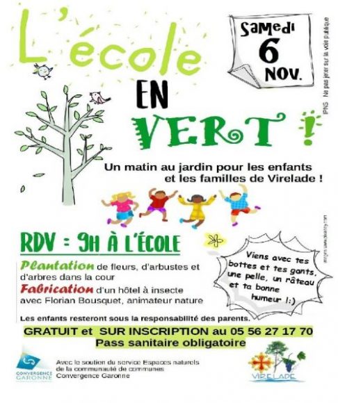 Affiche école en vert évènement sur Virelade le 6 Novembre pour les enfants et leurs familles sur réservation pour mettre à l'honneur le jardin de l'école